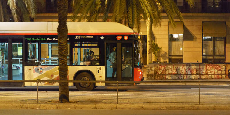 Bus in the night city of Barceloneta